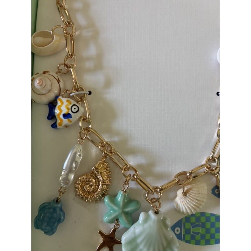NWT Piper K Ocean Life Charm Necklace Shell Fish Starfish Turtle Gold Tone 18" - Picture 3 of 4